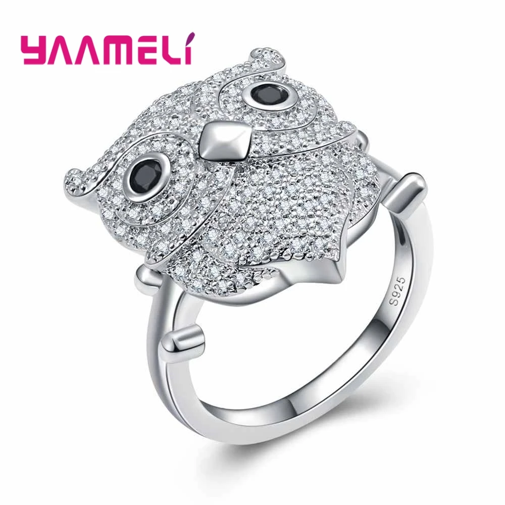 

YAAMELI Animal Owl Style Cute Fashion Style 925 Sterling Silver Ring Cubic Zirconia For Halloween Gift Birthday Present Girl