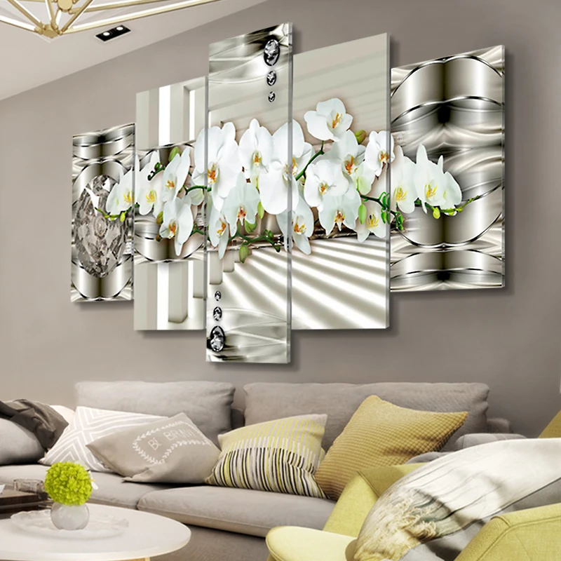 Современная Настенная живопись 5 панелей цветы плакаты и принты абстрактные орхидеи холст живопись настенные картины для гостиной