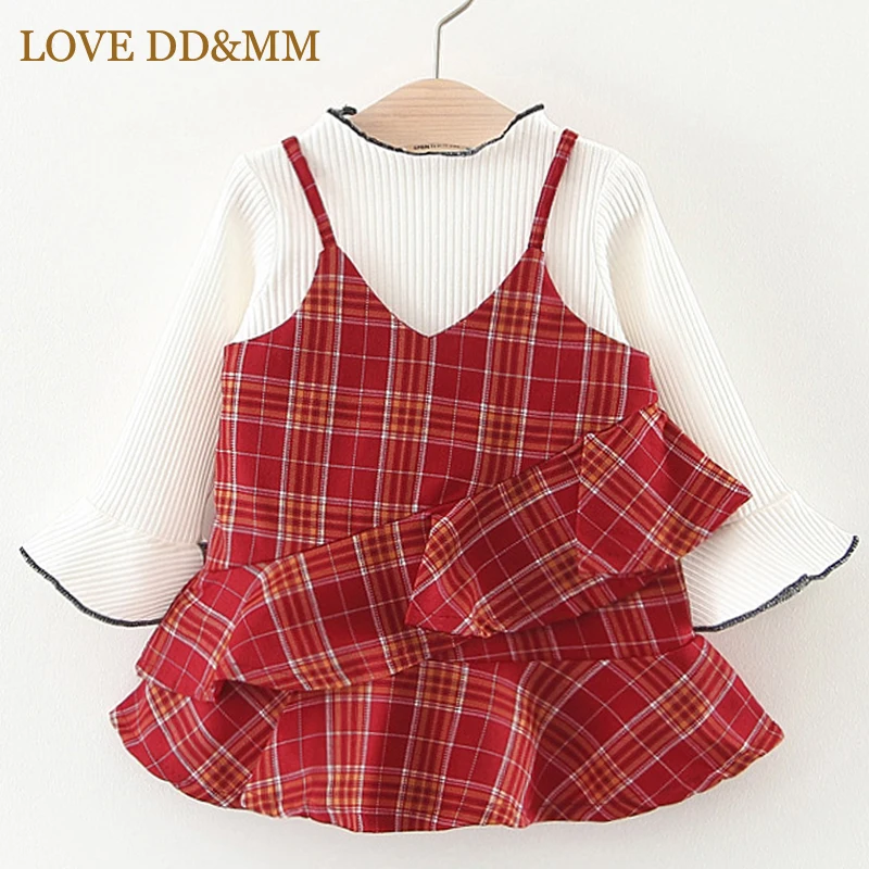 

LOVE DD&MM Girls Sets 2019 Spring New Children's Wear Solid Color T-Shirt + Strap Plaid Dress Two Sets
