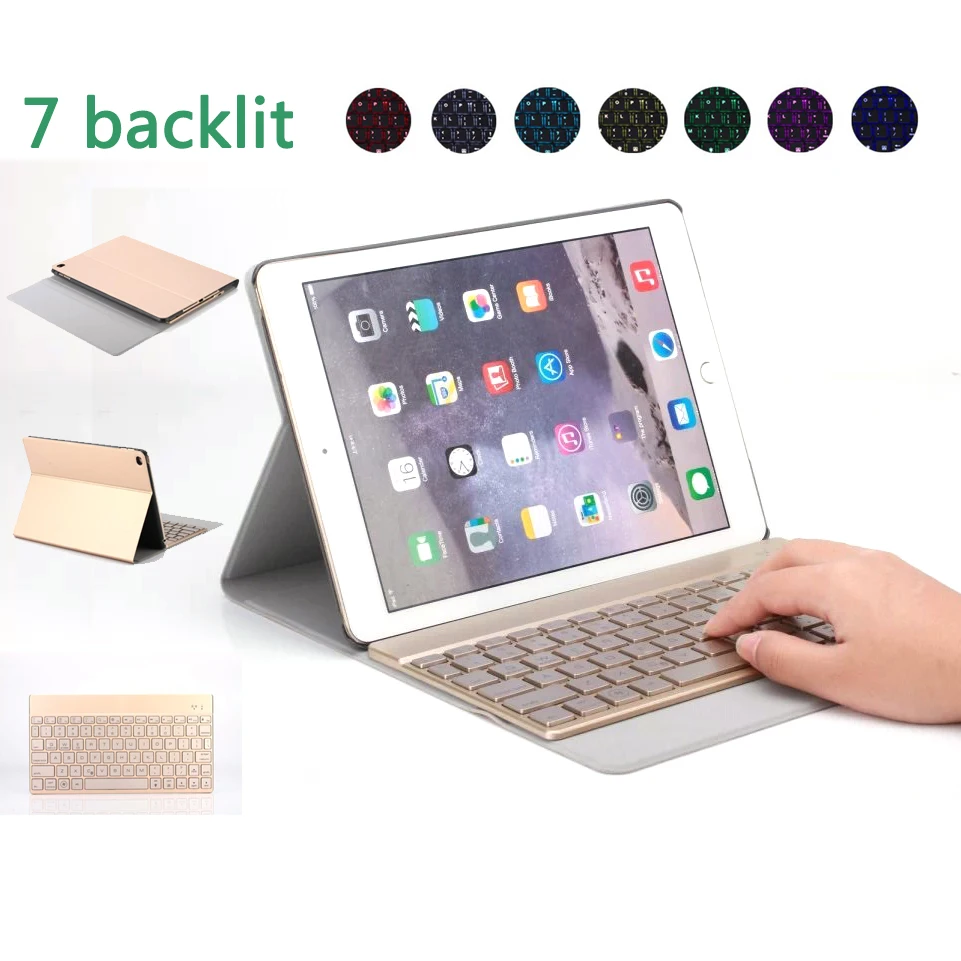 

2018 New Wireless Bluetooth Keyboard for iPad Pro 9.7 Folding Leather Folio Cover for iPad Air 2 Removable 7 Back-light