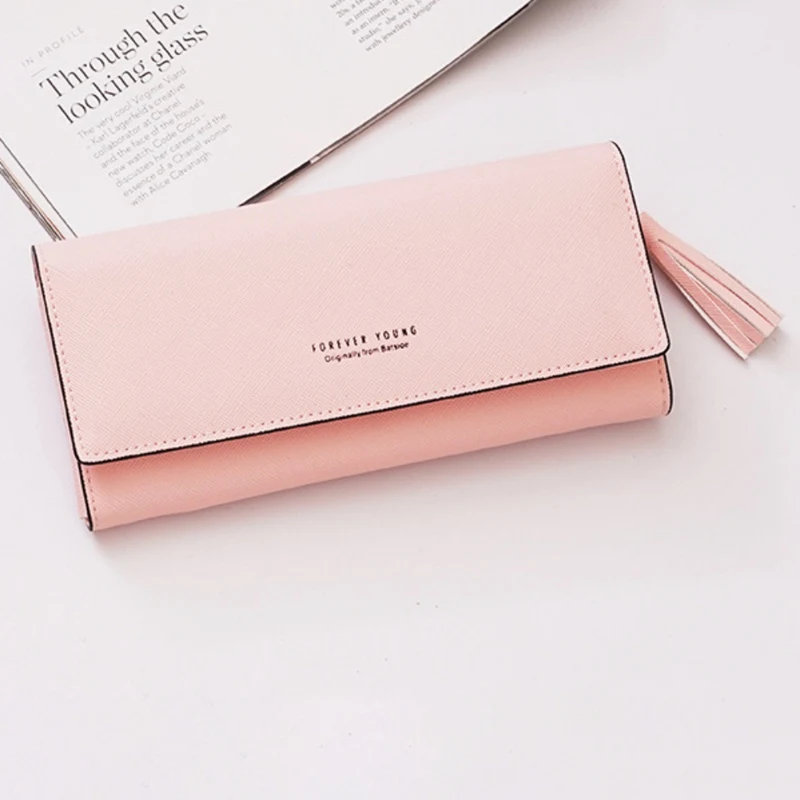 

2019 New Arrival Women Solid Color Hand Wallet Simple Cross Pattern Buckle Two Fold Coin Purse Tassel Letter Print Wallet Women