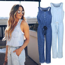 Denim Wash Overall For Summer Lady Women Fashion Cool Street Blue Plain Women Sleeveless Loose Jeans Jumpsuit Long Pants Rompers