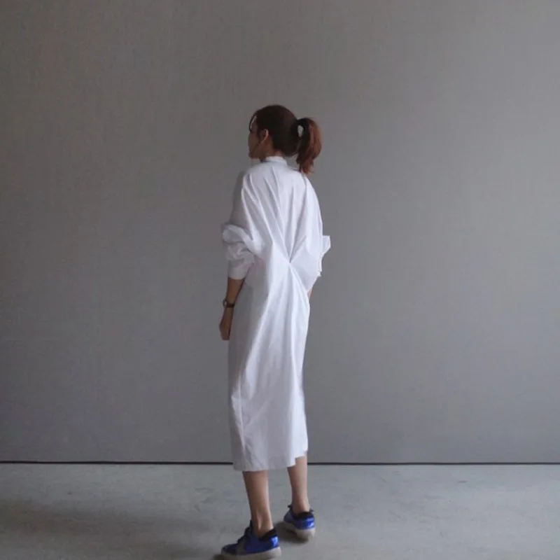 LANMREM новая весенняя модная женская одежда с рукавом «фонарик» рукава со стоячим воротником Плиссированное корейское платье для девочек свободное vestido WD88500L'