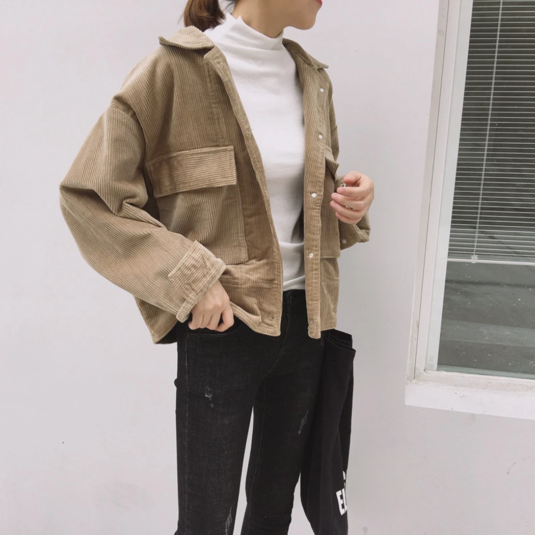 

Fashion Vintage Lapel Corduroy Jacket Streetwear Women Buttons Pocket Jackets Coat Outwear Casual Ladies Retro Solid Loose Coats