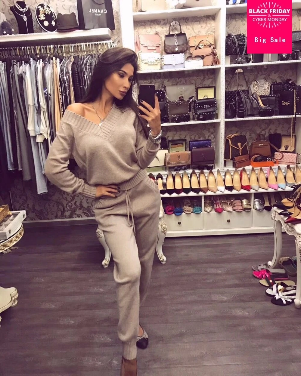 

2019 winter Woolen and Cashmere Knitted warm Suit V-Neck Collar Velvet Sweater + Mink Cashmere Trousers Leisure Two-piece wj1359