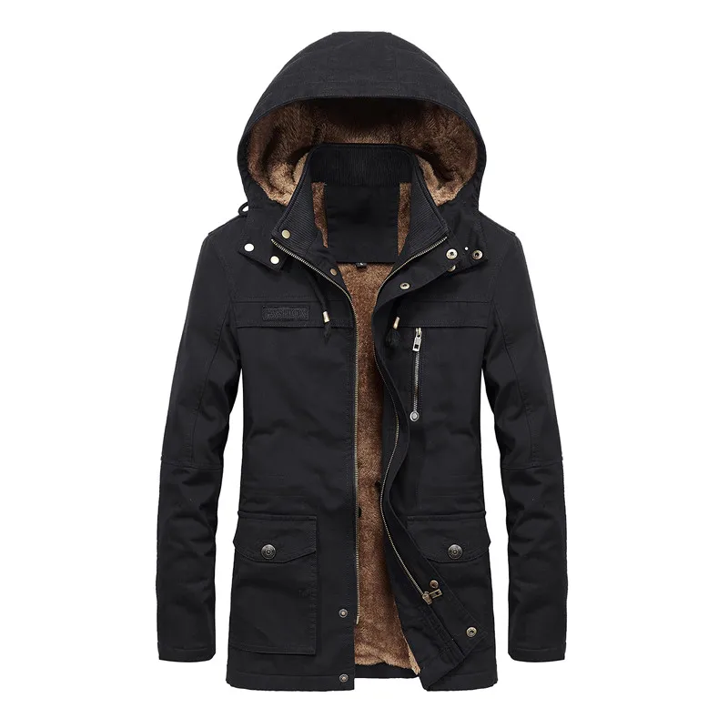 Прямая, Мужская зимняя куртка, Мужская бархатная повседневная куртка, Длинная ветровка, пальто с капюшоном, большой размер, M-5XL, ABZ75 - Цвет: black