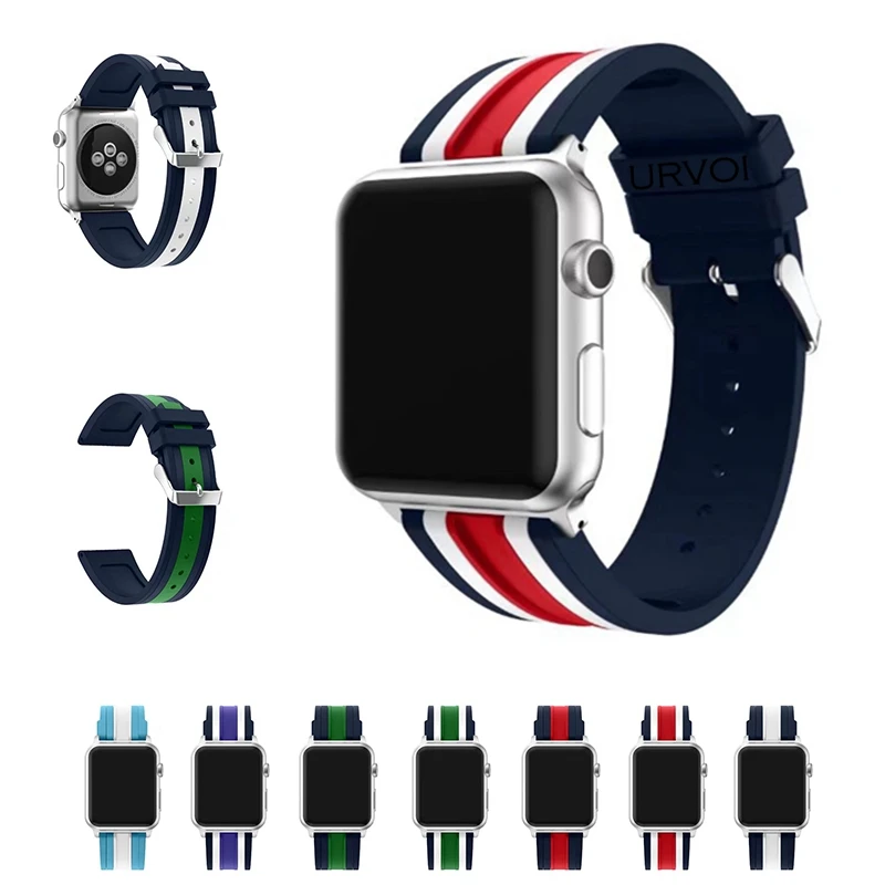 

URVOI sport band for apple watch series 1 2 3 strap for iWatch Soft Silicone mix stripe NATO color Replacement band with adapter