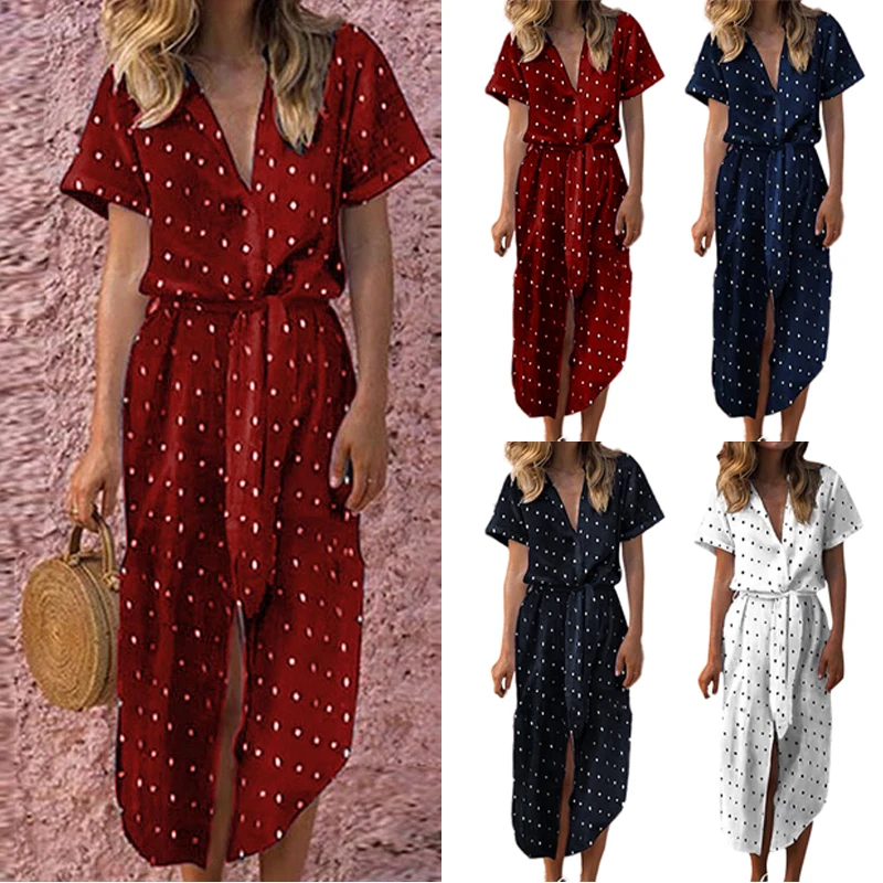 

2019 KANCOOLD Dress Womens Sexy Casual Daily Bow Tie V Neck Dot Button Dress Short Sleeve Soild Long Dress women