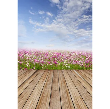 

Laeacco Spring Sky Flower Wooden Board Scenic Photography Backgrounds Customized Photographic Backdrops for Photo Studio