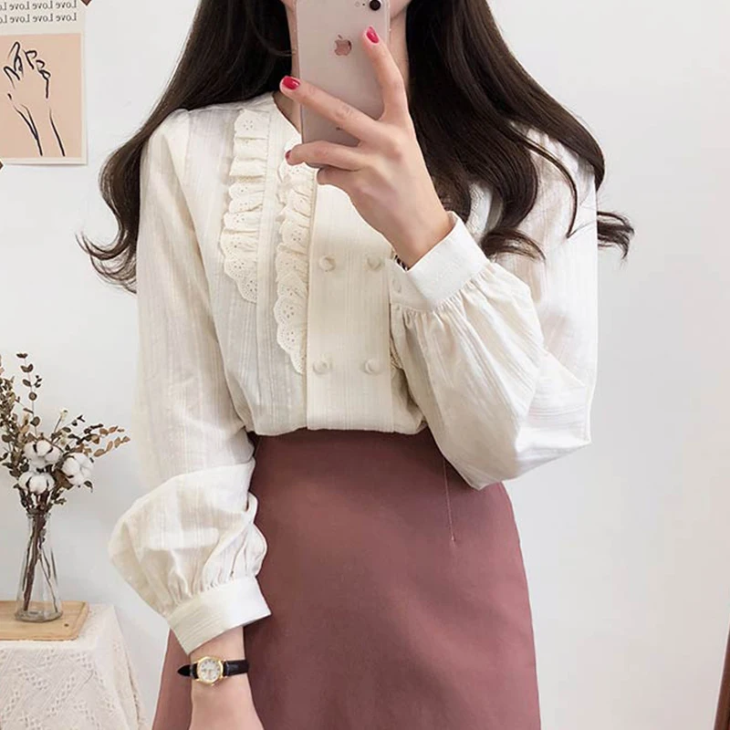 

Recommend Always Cute Ruched Hem Lace Trim Blouse Puff Sleeve Top Women Shirt Chemise Femme Chemisier Blusa Mujer Camisa