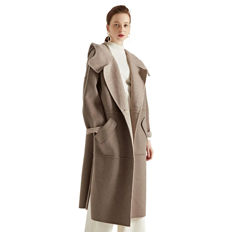 

Woolen Overcoat Woman Autumn And Winter hand stitching windbreaker two-sided wool cashmere hooded double color long trench S102