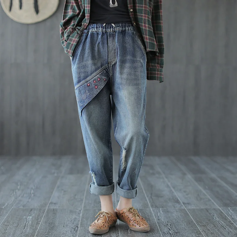 [EWQ] 2019 новые весенне-осенние джинсы с эластичной резинкой на талии, Свободные повседневные джинсы со шнуровкой, штаны-шаровары, женская