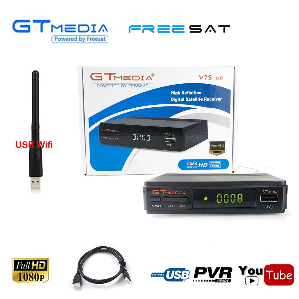 

USB WiFi Set GtMedia V7s HD DVB-S2 Digital Satellite Receiver TV Tuner Set Top Box Year Cline Decode Biss Freesat Youtube TV Box