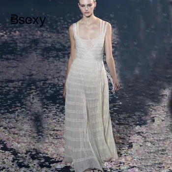 

High Quality Runway Lace Dress 2019 Sexy V neck Spaghetti Strap Mesh Pleated Floor length Dress Long Maxi Women Party Dress