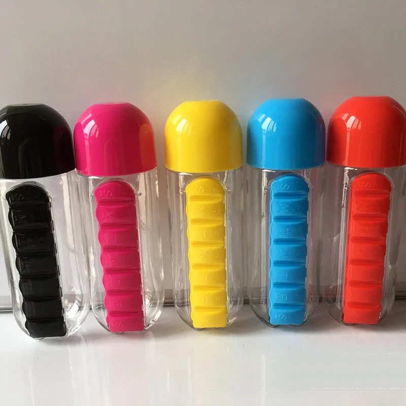 

600ml Flip Drinks Sport Plastic Water Bottle With Pill Case Health Box