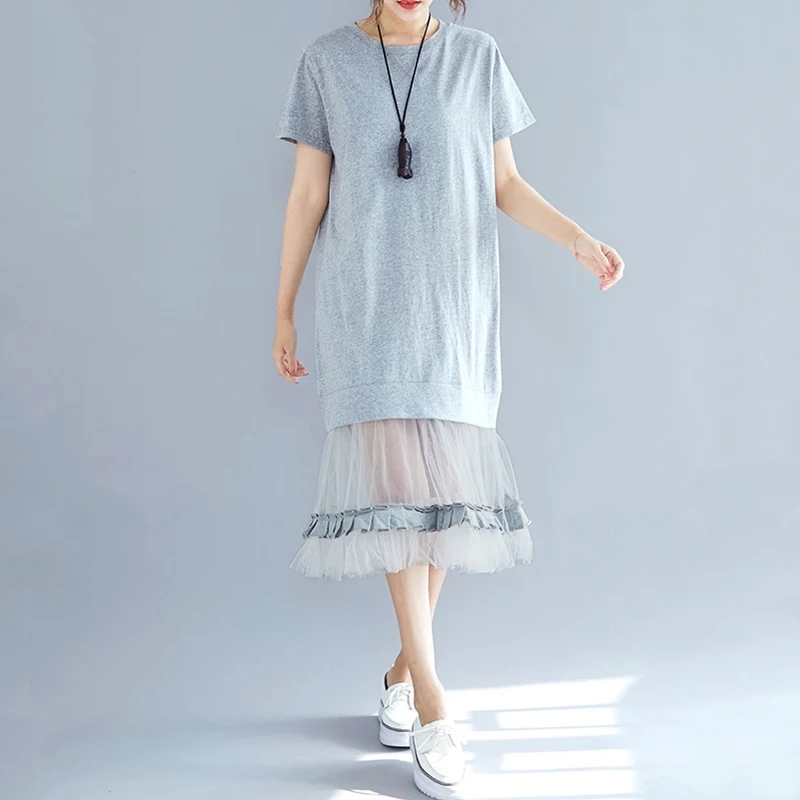 

Summer dress 2019 fashion mesh patchwork tshirt dress women clothes midi cotton vintage loose casual vestidos elegant dresses