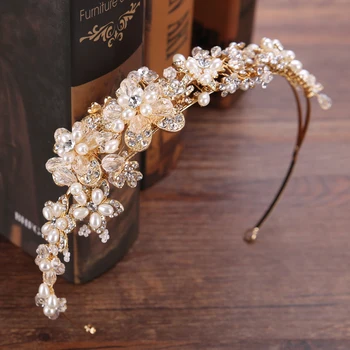 

New Vintage Bridal Pearl Flower Headbands for Women Rhinestones Handmade Tiara Headdress Gold Wedding Hair Jewelry Accessories