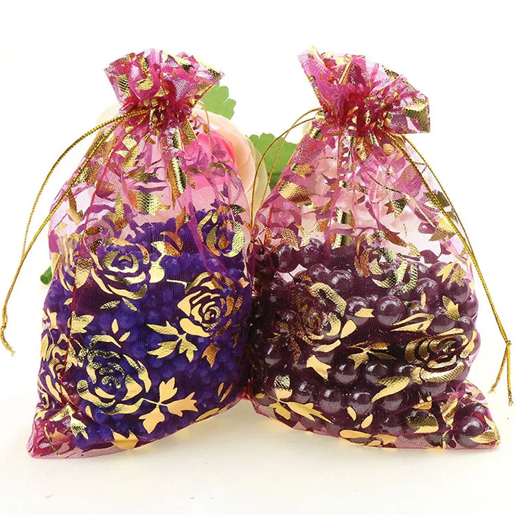 

Free Shipping, 100pc/lot 11X16cm Dark Red Gold Rose Color Christmas /Wedding Drawable Organza Voile Gift Packaging Bags&Pouches