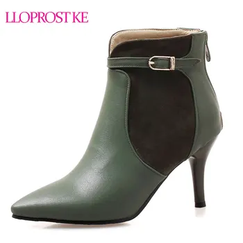 

Lloprost ke Autumn Ankle Boots Women Thin High Heels Buckle Short Plush Pointed Toe Fashion Motorcycle Boots Wedding Shoes D12