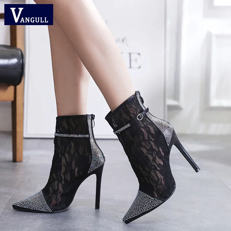 

VANGULL Crystal Vamp High Heels Women Stiletto Pumps 2019 New Spring Female Boots Sexy Lace Upper Sandals Ladies Elegant Shoes