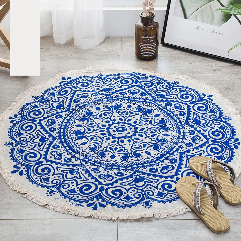 Mandala Retro Ethnic Cotton Linen Round Carpet for Living Room Modern Bedroom Anti Slip Round Rugs Floor Home Carpet Kitchen Mat