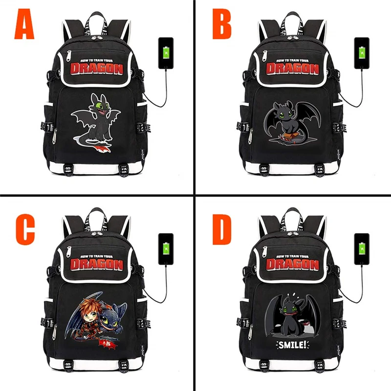 

How To Train Your Dragon Black Canvas Backpack USB Charging School Bag zip Packsack Shoulder Bag Laptop Bag Teenager Travel Bag