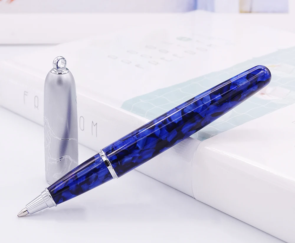 Fuliwen целлюлоидная Ручка-роллер красивый синий лепесток узор с уникальная цепочка, качественная письменная ручка для офисного бизнеса