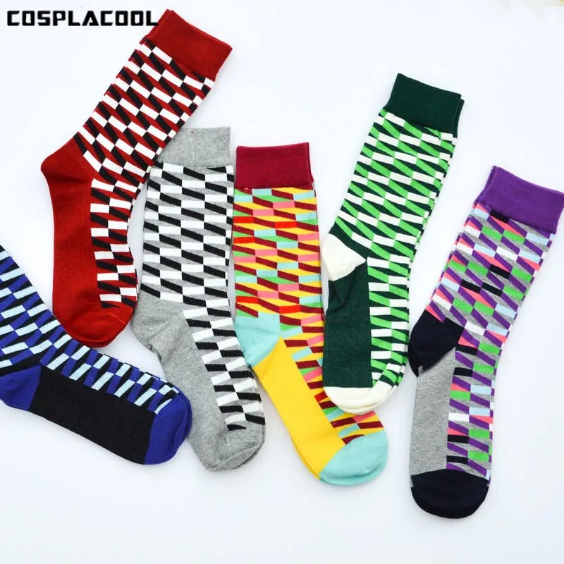 

[COSPLACOOL]Happy Socks British Colorful Diamond Style Unisex Skateboard Socks Cotton Colorful Square Men's Business Meias