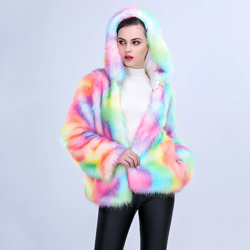 2019 New Winter Women Multicolor Faux Fox Fur Coat with Hooded ...