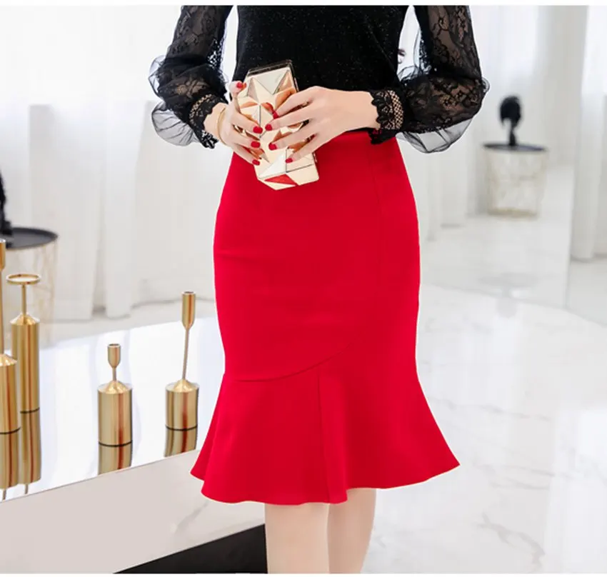 SEXMKL Plus Size Women Red Pencil Skirt Faldas Mujer Moda Korean Elegant Sexy Ruffle Skirt Ladies High Waist Black Skirt