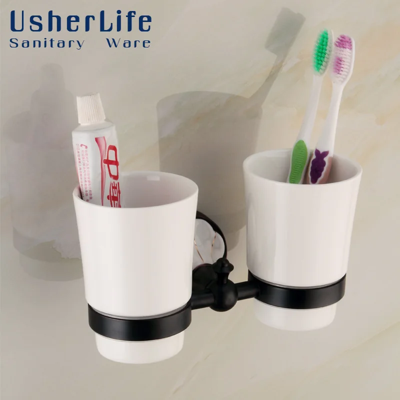 Usherlife Antique Brass Toothbrush Cup Holder Double Ceramic Cup ORB