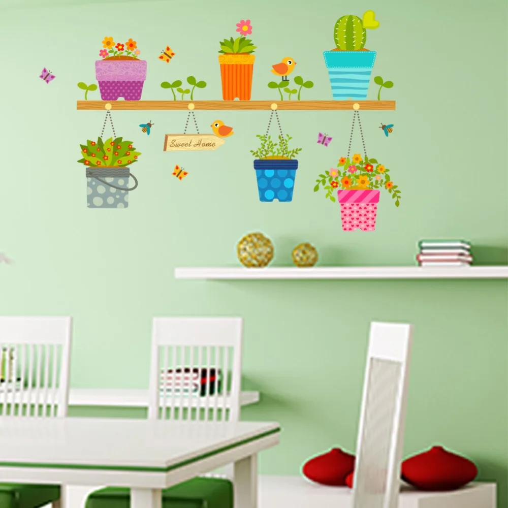 Us 5 29 31 Off Corak Bunga Pot Stiker Dinding Untuk Ruang Makan Rumah Dekorasi Latar Belakang Pvc Pesawat Tanaman Mural Pintu Diy Wallpaper Top In