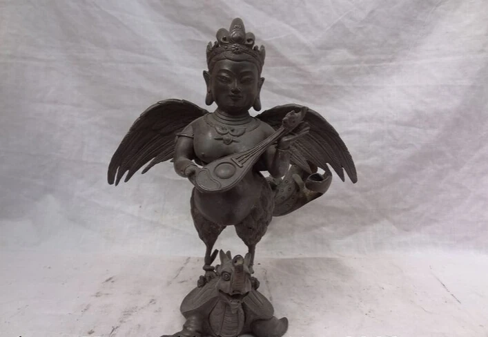 

S5351 10" Chinese Pure Bronze Buddhism Garuda Redpoll Buddha Ride Dragon Turtle Statue D0318