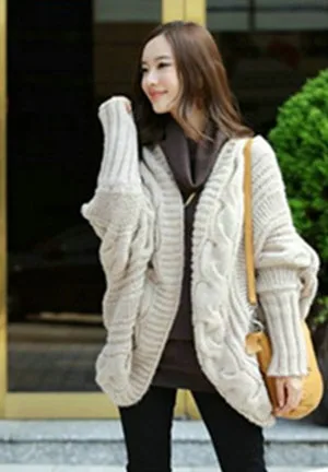 New Women Loose Fit Cable Knit Cape Wrap Swing Cardigan