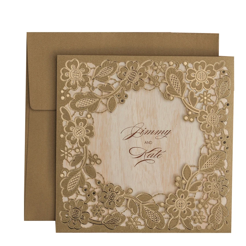 50pcs/lot Gold Flowers Paper Cardstock Laser Cut Wedding Invitations