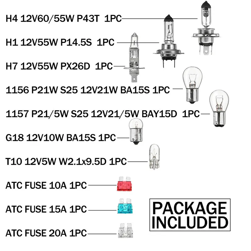 1 комплект/10 шт. аварийный запасной светильник, комплект ламп H7 H4 H1 T10 G18, противотуманная фара, головной светильник, светильник Trun Signa, галогенная лампа с предохранителем