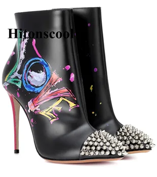 

New Women Spikes Ankle Boots Design Rivets Studded High Heels Shoes Side Zipper Pointed Toe Ladies Leather Martin Boots