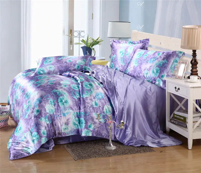 Satén de seda conjunto de sábanas edredón cubre colcha doble reina completa king size dormitorio decoración púrpura azul flor estilo chino - 1