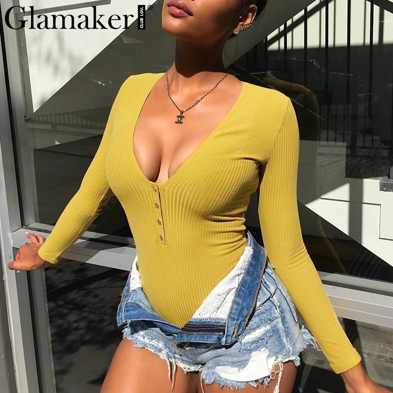 Glamaker Knitted sexy black bodycon bodysuit Women summer button ladies long sleeve bodysuit Elegant deep v neck party bodysuit