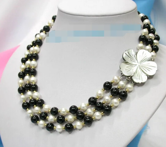 

Wholesale free shipping 100% Natural jewelry >3row white cultured pearls black stone necklace shell c