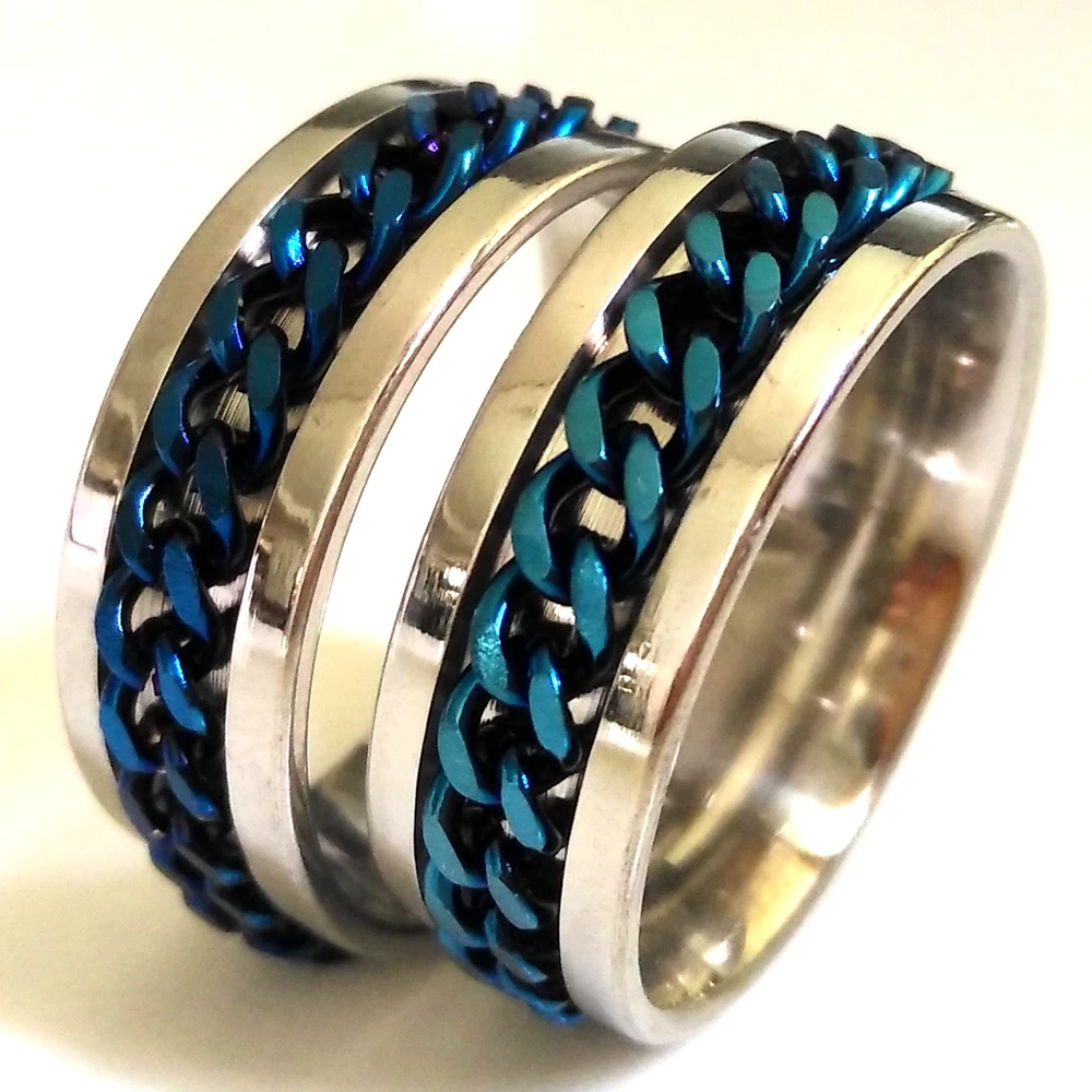 

Wholesale 30pcs Blue SPIN Chain Rings 316L Stainless Steel Ring Men's Spinner Punk Rock Cool Rings Wedding Jewelry Party Gift