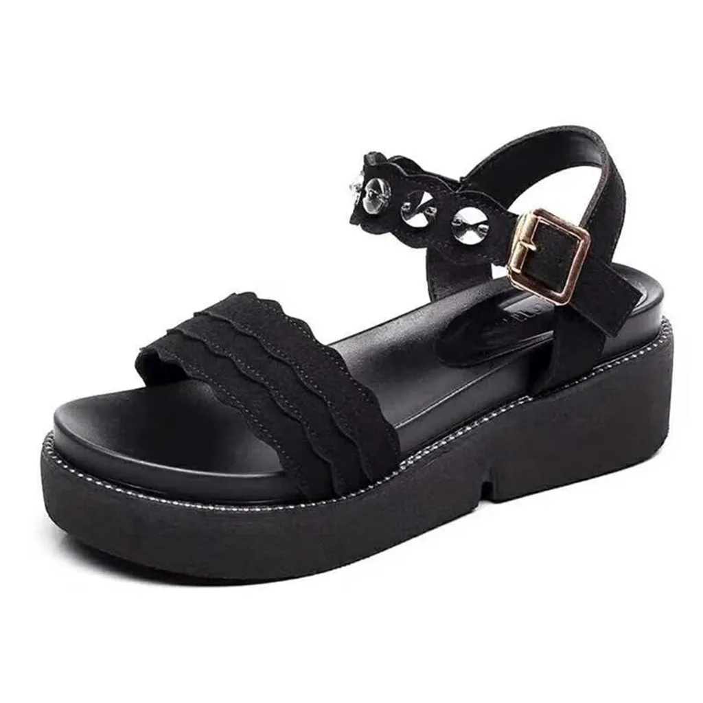Летние босоножки; Для женщин черные римские Для женщин обувь с открытым носком горный хрусталь, сандалии на плоской подошве в богемном стиле; обувь с широко открытым носком; удобные пляжные сандалии# G30