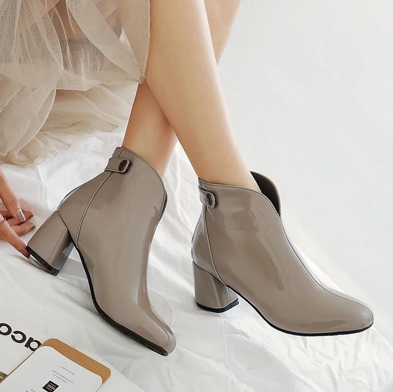 WETKISS/лакированные ботинки из искусственной кожи женские ботильоны на высоком каблуке обувь с квадратным носком женская обувь для вечеринок зимняя обувь размера плюс 32-46