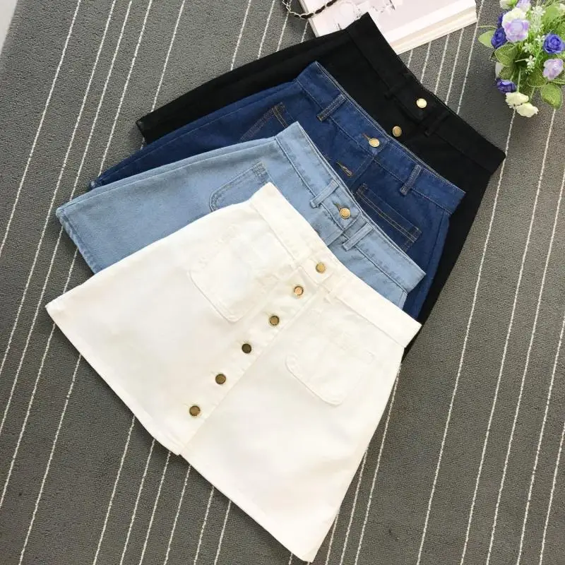 Распродажа Летняя женская джинсовая короткая юбка трапециевидной формы на пуговицах с высокой талией джинсовая юбка с карманами harajuku мини высокое качество