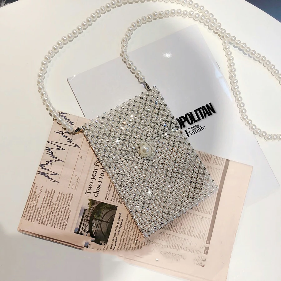 

Brand Hand-woven Pearl Bags Women Beaded Shoulder Bag Ladies Party Crossbody Bag Kroean Style Handbag Banquet Vintage Phone Bags