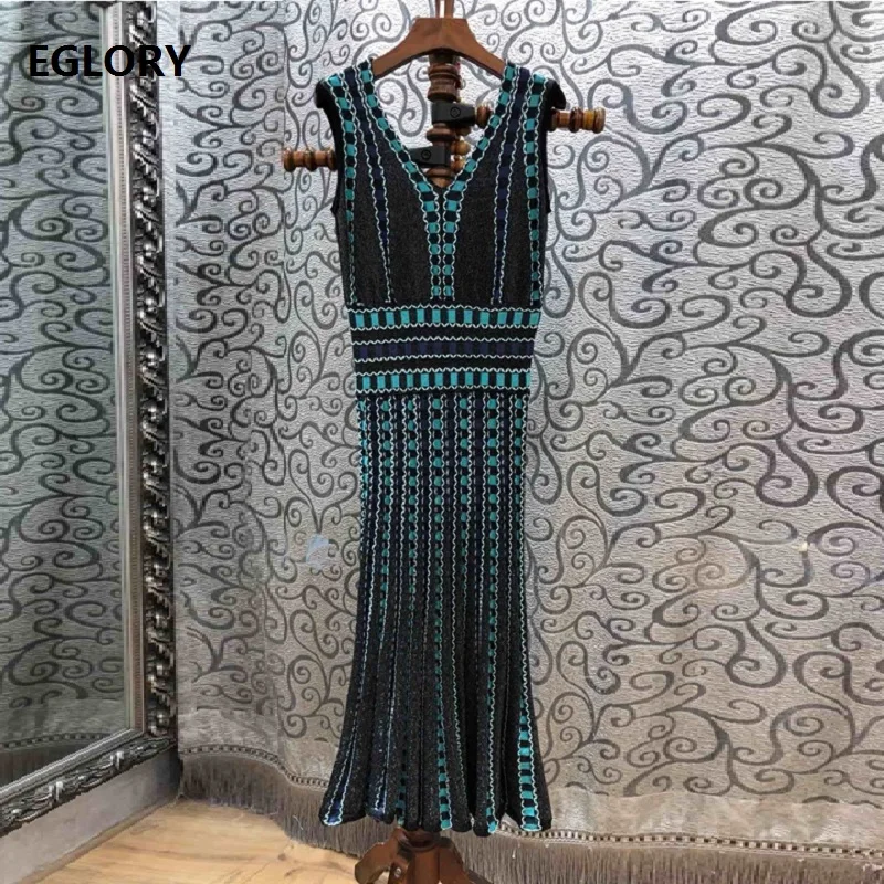 

New 2019 Spring Summer Knitted Sweater Dress High Quality Women V-Neck Geometric Pattern Slim Fitted Casual Long Jumper Dress