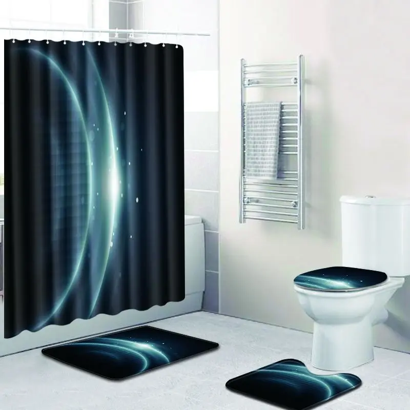 

Simple Printing Bathroom Shower Curtain 3D Bath Mats 4pcs Toilet Mat Set with 12pcs Hooks Anti Slip Carpet for Home Decor Rugs