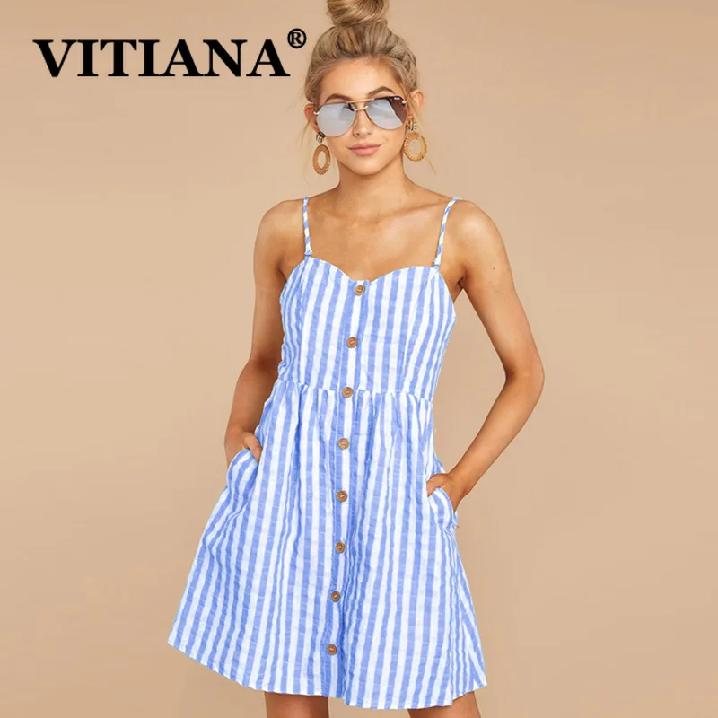 

VITIANA Women Beach Party Dress Summer 2019 Female Striped Buttons Streetwear Ladies Sweet Backless Strapless Sexy Mini Dresses