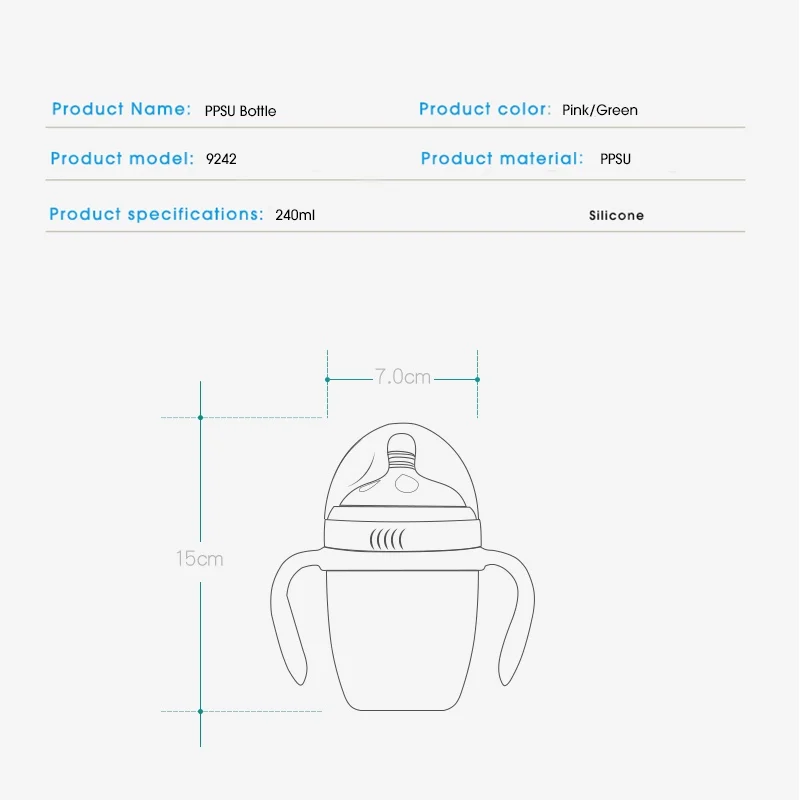 240 мл бутылка PPSU устойчива к ширококалиберному малышу подлинный Новорожденный анти-плоский широкий рот силиконовый ниппель
