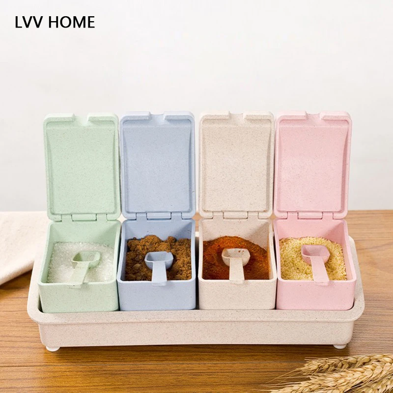 

LVV HOME creative wheat straw seasoning box/Four grid spoon set detachable non-slip base itchen supplies